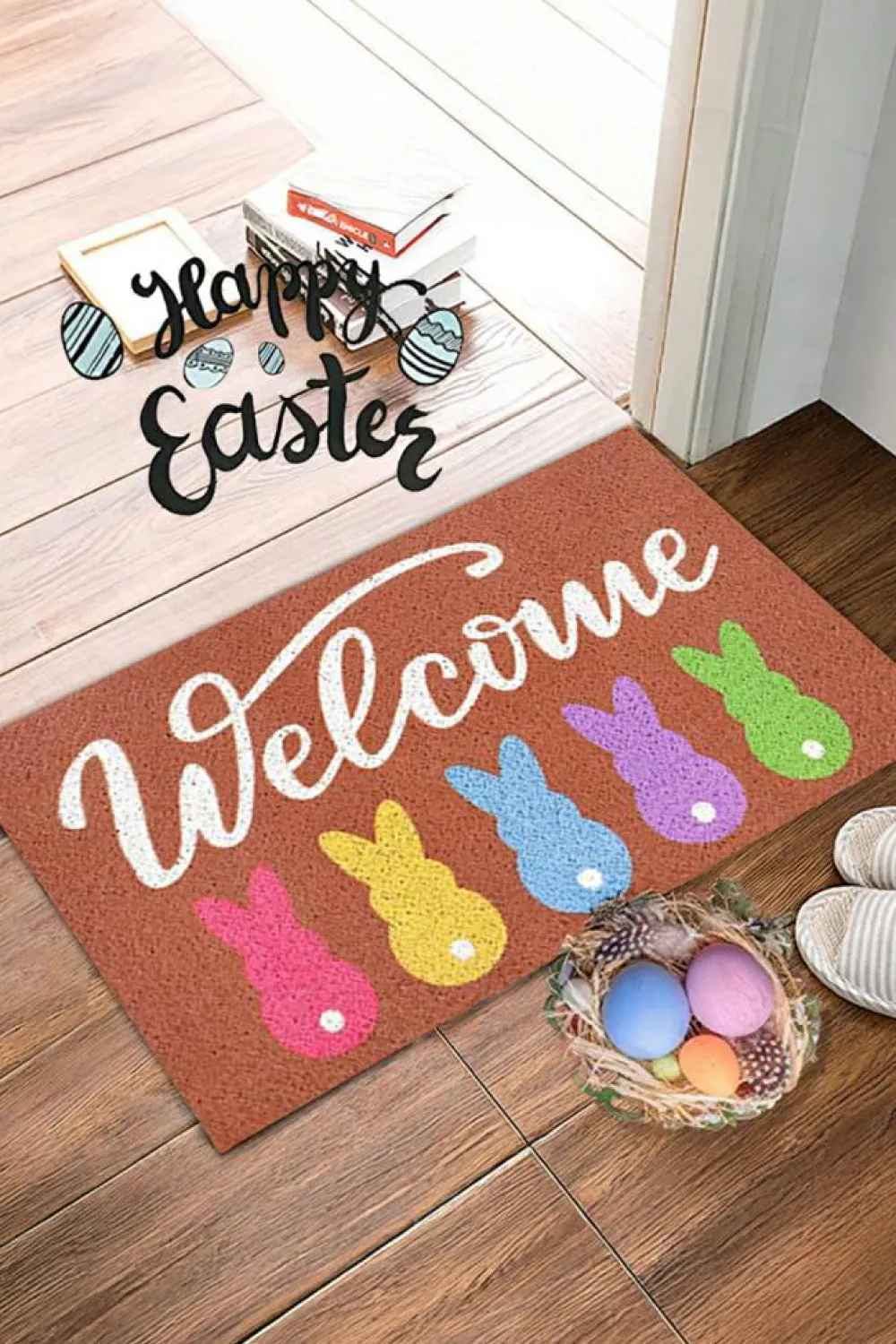 Fashion Dear-Lover Colorful Bunny Printed Entrance Mat Chestnut