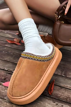 Sale Dear-Lover Contrast Edge Suede Plush Lined Thick Sole Winter Slippers Chestnut