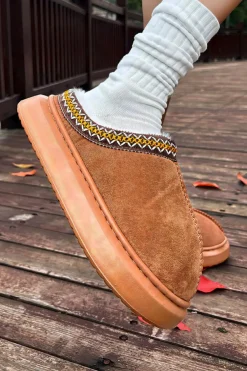 Sale Dear-Lover Contrast Edge Suede Plush Lined Thick Sole Winter Slippers Chestnut