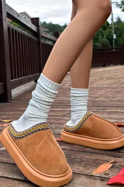 Sale Dear-Lover Contrast Edge Suede Plush Lined Thick Sole Winter Slippers Chestnut