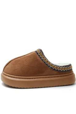Sale Dear-Lover Contrast Edge Suede Plush Lined Thick Sole Winter Slippers Chestnut
