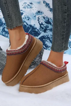 Clearance Dear-Lover Contrast Print Suede Plush Lined Snow Boots Chestnut