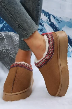 Clearance Dear-Lover Contrast Print Suede Plush Lined Snow Boots Chestnut