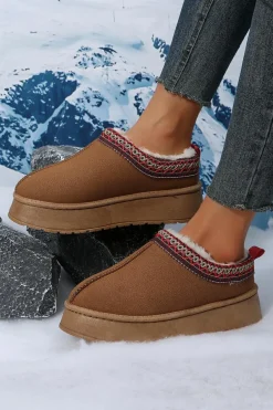 Clearance Dear-Lover Contrast Print Suede Plush Lined Snow Boots Chestnut