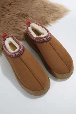 Clearance Dear-Lover Contrast Print Suede Plush Lined Snow Boots Chestnut