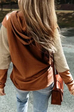 Fashion Dear-Lover Contrast Sleeves Patchwork Colorblock Hoodie Chestnut