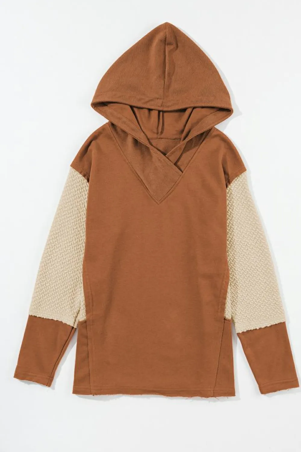 Fashion Dear-Lover Contrast Sleeves Patchwork Colorblock Hoodie Chestnut