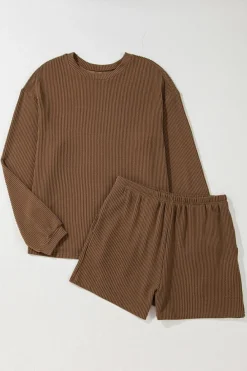 Best Dear-Lover Corded Knit Long Sleeve Top and High Waist Shorts Set Chestnut