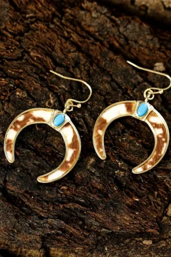 Online Dear-Lover Cow Print Turquoise Inlay Crescent Shaped Dangle Earrings Chestnut