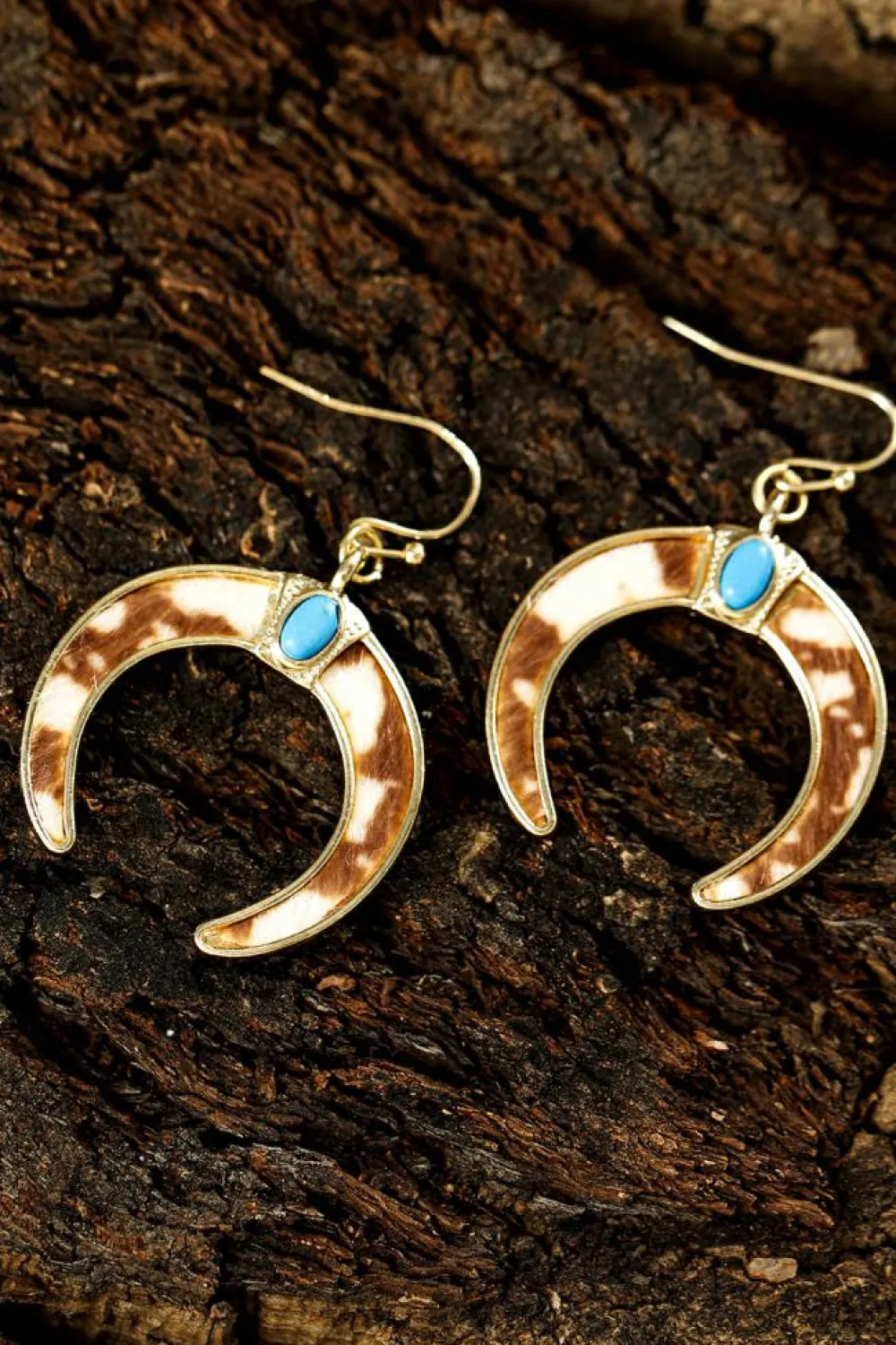 Online Dear-Lover Cow Print Turquoise Inlay Crescent Shaped Dangle Earrings Chestnut