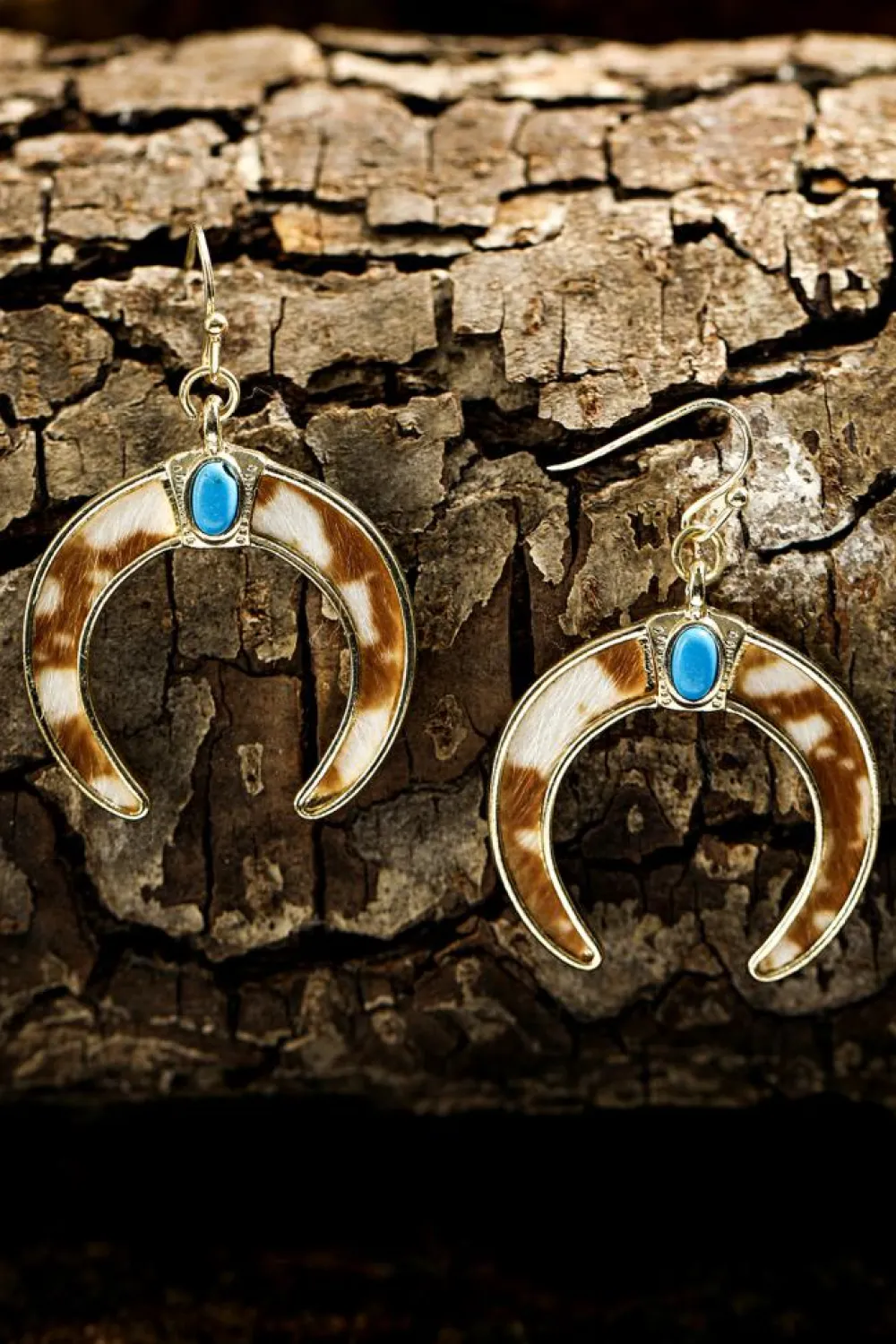 Online Dear-Lover Cow Print Turquoise Inlay Crescent Shaped Dangle Earrings Chestnut