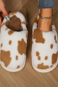 Best Dear-Lover Cow Spot Printed Plush Home Slippers Chestnut