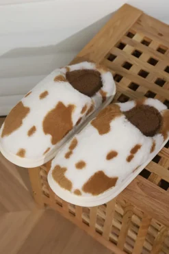 Best Dear-Lover Cow Spot Printed Plush Home Slippers Chestnut