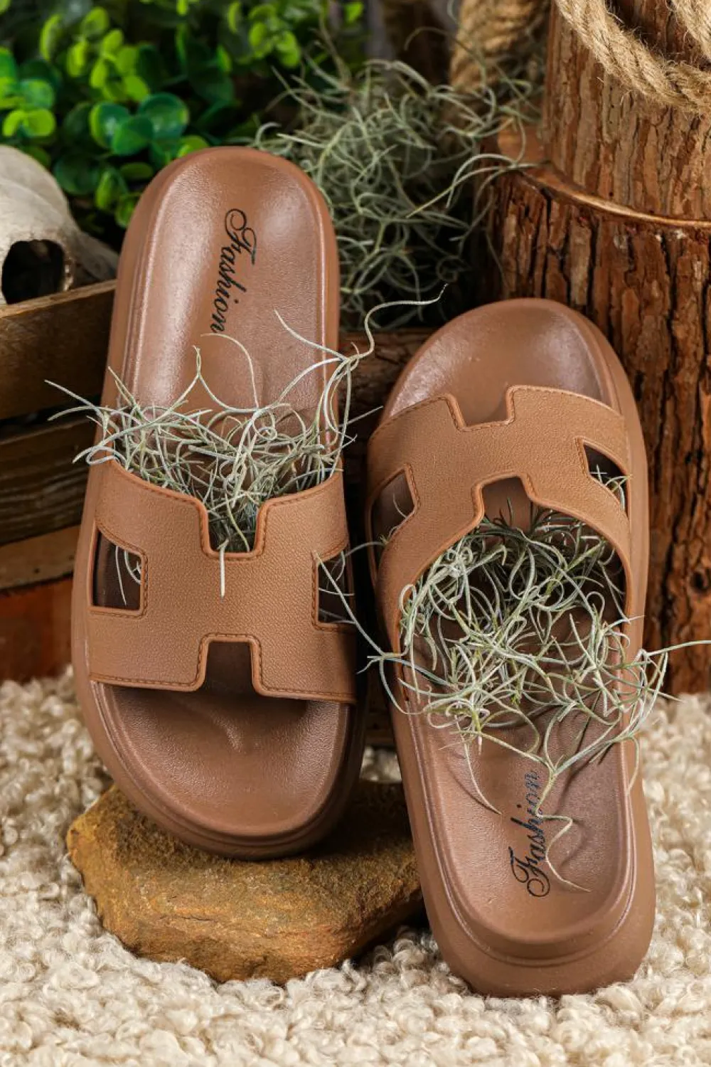 Outlet Dear-Lover Cutout Design Open Toe Platform Slippers (Run Small, Size Up) Chestnut