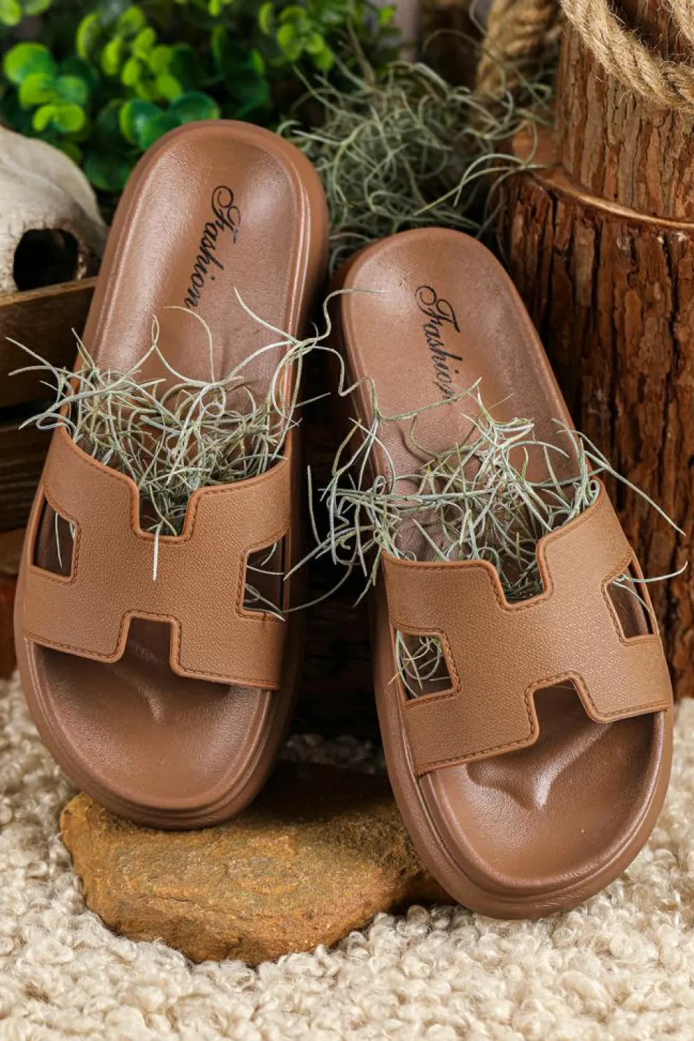 Outlet Dear-Lover Cutout Design Open Toe Platform Slippers (Run Small, Size Up) Chestnut