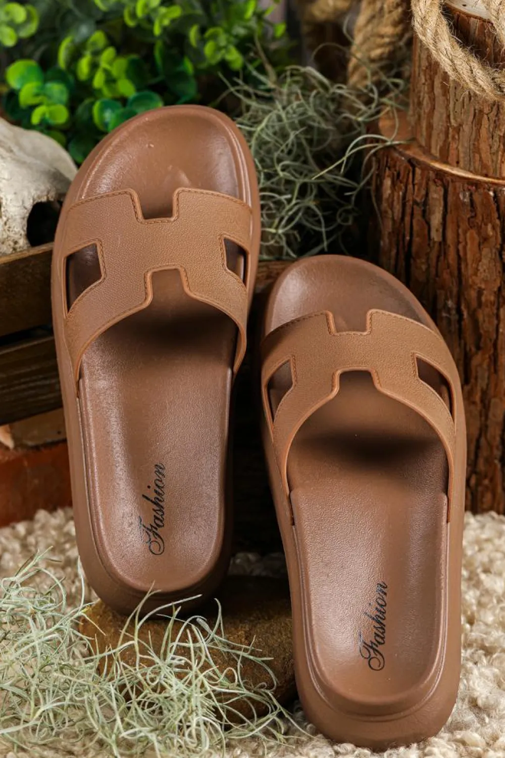 Outlet Dear-Lover Cutout Design Open Toe Platform Slippers (Run Small, Size Up) Chestnut