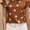 Hot Dear-Lover Daisy Print Short Sleeve Top Chestnut