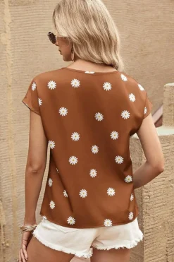 Hot Dear-Lover Daisy Print Short Sleeve Top Chestnut