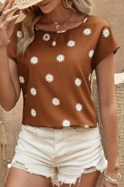 Hot Dear-Lover Daisy Print Short Sleeve Top Chestnut