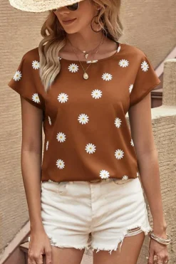 Hot Dear-Lover Daisy Print Short Sleeve Top Chestnut