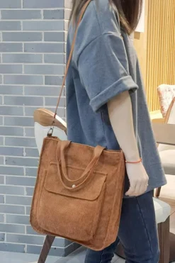 Hot Dear-Lover Detachable Shoulder Strap Large Corduroy Bag Chestnut