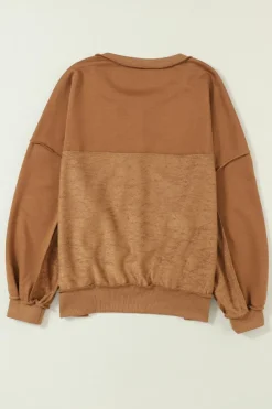 Fashion Dear-Lover Drop Shoulder Henley Buttons Sweatshirt Chestnut
