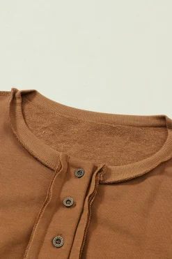 Fashion Dear-Lover Drop Shoulder Henley Buttons Sweatshirt Chestnut