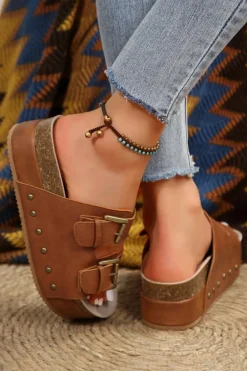 New Dear-Lover Dual Buckle Studded Platform Sandal Slippers Chestnut