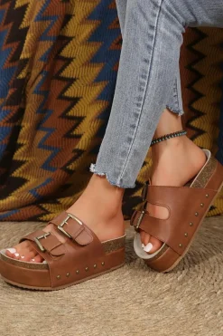 New Dear-Lover Dual Buckle Studded Platform Sandal Slippers Chestnut
