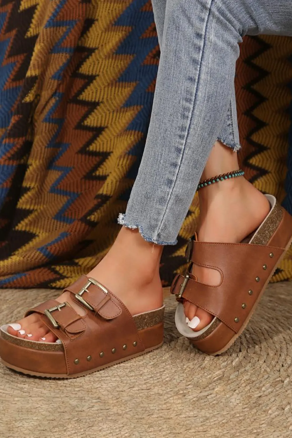 New Dear-Lover Dual Buckle Studded Platform Sandal Slippers Chestnut