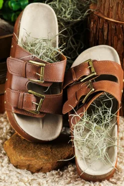 New Dear-Lover Dual Buckle Studded Platform Sandal Slippers Chestnut