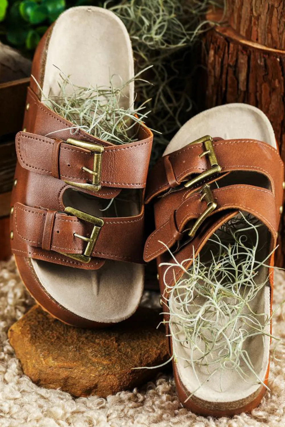 New Dear-Lover Dual Buckle Studded Platform Sandal Slippers Chestnut