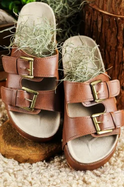 New Dear-Lover Dual Buckle Studded Platform Sandal Slippers Chestnut