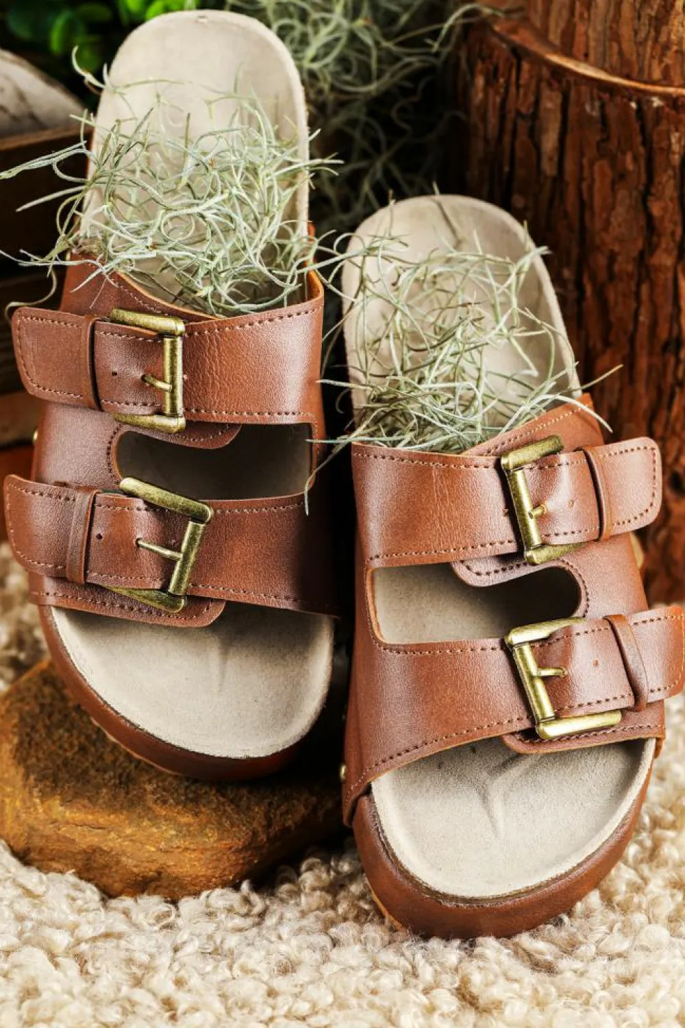 New Dear-Lover Dual Buckle Studded Platform Sandal Slippers Chestnut