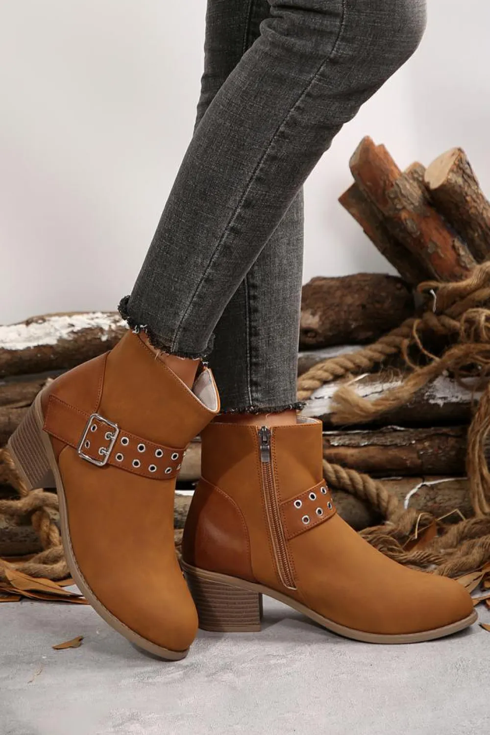 New Dear-Lover Eyelet Buckled Chunky Heel Faux Leather Ankle Boots Chestnut