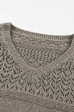 Clearance Dear-Lover Eyelet Pattern Detail V Neck Drop Shoulder Sweater Chestnut