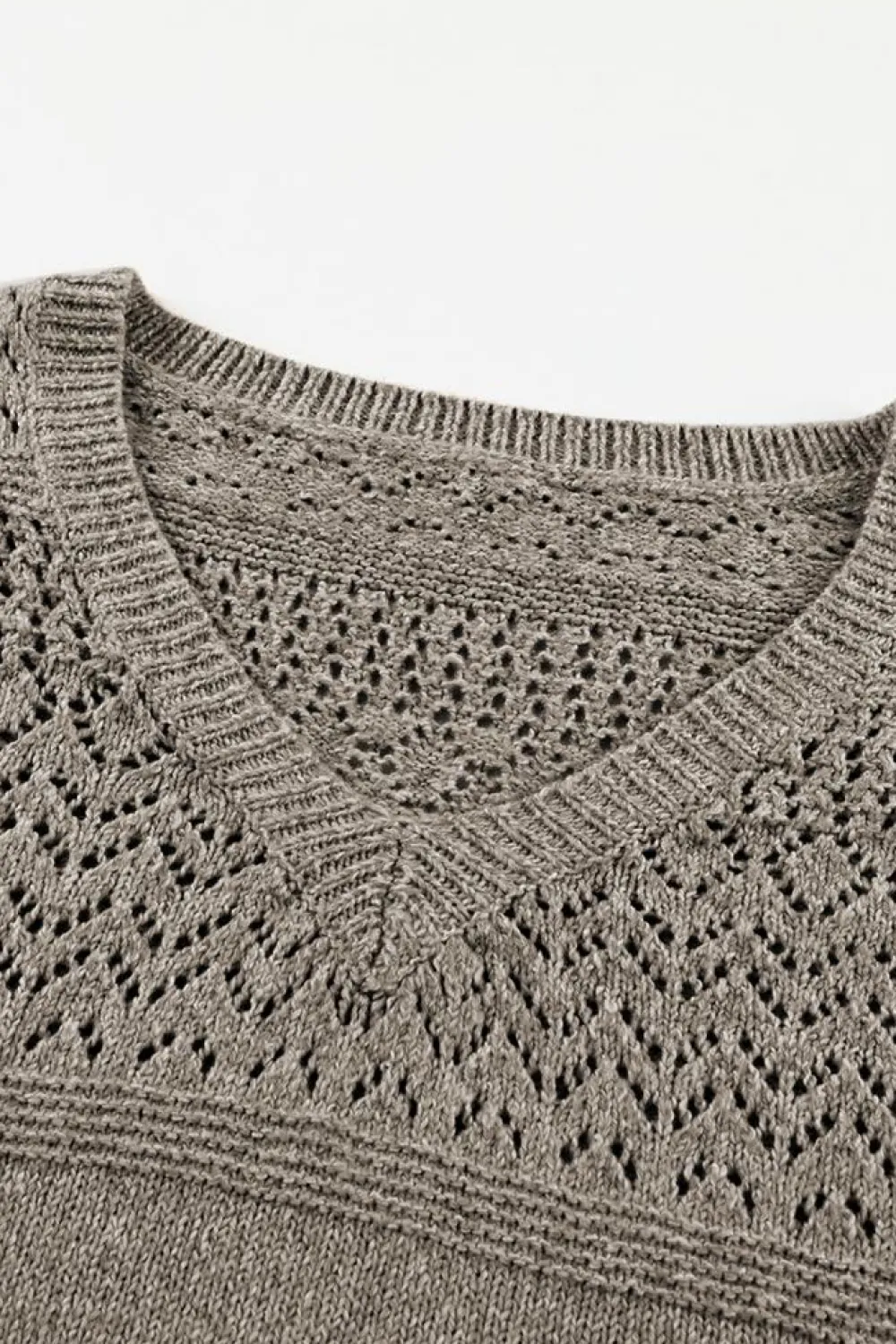 Clearance Dear-Lover Eyelet Pattern Detail V Neck Drop Shoulder Sweater Chestnut