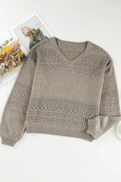 Clearance Dear-Lover Eyelet Pattern Detail V Neck Drop Shoulder Sweater Chestnut