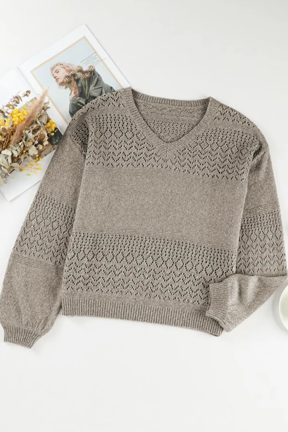 Clearance Dear-Lover Eyelet Pattern Detail V Neck Drop Shoulder Sweater Chestnut