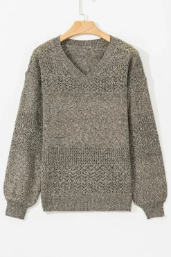 Clearance Dear-Lover Eyelet Pattern Detail V Neck Drop Shoulder Sweater Chestnut