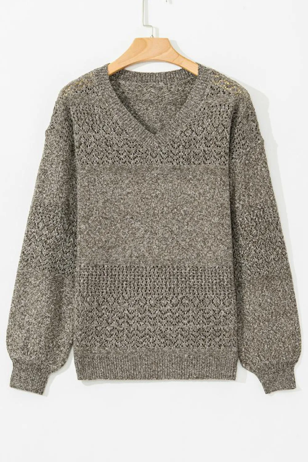 Clearance Dear-Lover Eyelet Pattern Detail V Neck Drop Shoulder Sweater Chestnut