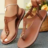 Best Dear-Lover Faux Leather Hollow Out Clip Toe Flat Sandals Chestnut