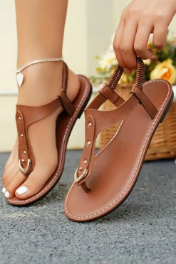 Best Dear-Lover Faux Leather Hollow Out Clip Toe Flat Sandals Chestnut