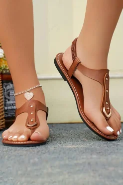 Best Dear-Lover Faux Leather Hollow Out Clip Toe Flat Sandals Chestnut
