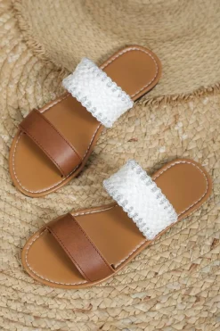 Best Dear-Lover Faux Leather Woven Strap Flat Slippers Chestnut