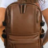 Discount Dear-Lover Faux Leather Zipped Large Capacity Backpack Chestnut