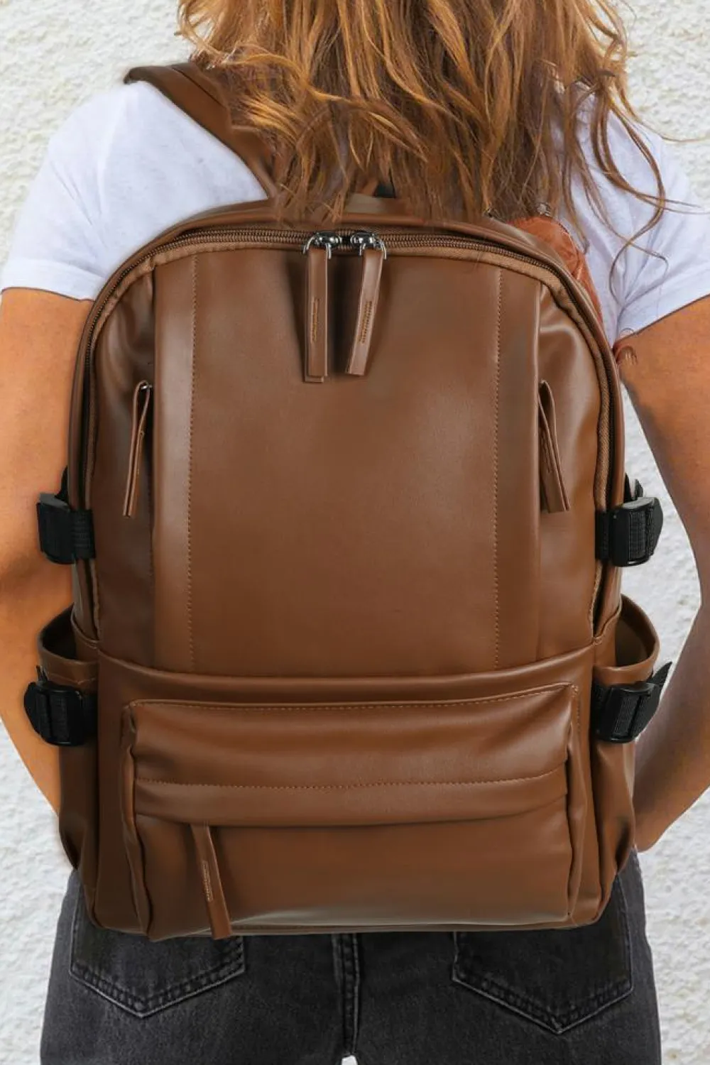 Discount Dear-Lover Faux Leather Zipped Large Capacity Backpack Chestnut