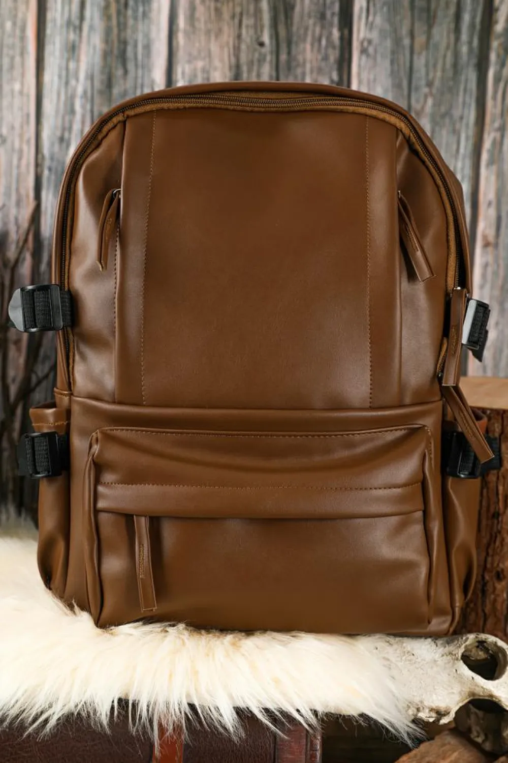 Discount Dear-Lover Faux Leather Zipped Large Capacity Backpack Chestnut