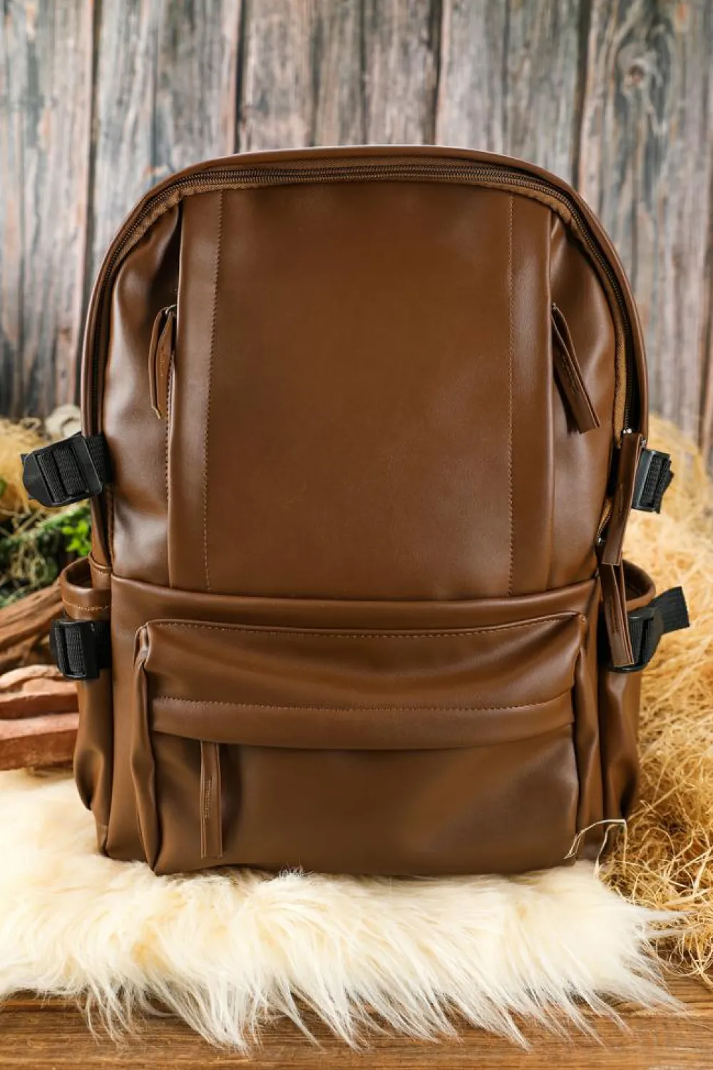Discount Dear-Lover Faux Leather Zipped Large Capacity Backpack Chestnut