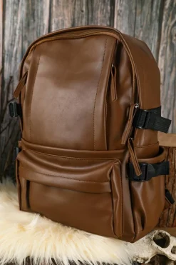 Discount Dear-Lover Faux Leather Zipped Large Capacity Backpack Chestnut